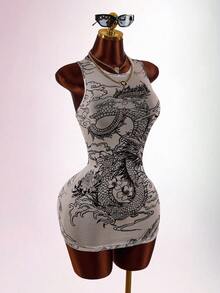 Amplova Women's Printed Sheer Fitted Bodycon Mini Dress - Black - View 7
