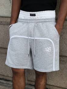 Manfinity Roghcode PAVTROS Men's Plus Size Casual Letter Print Double Waistband Shorts, Colorblock Design, Streetwear Style, Loose Fit, Multi-Functional - Light Grey - View 6