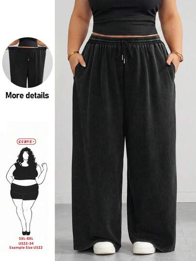 SHEIN CURVE+ Plus-Size Black Casual Drawstring Waist Loose Sweatpants, Autumn Sweatpants