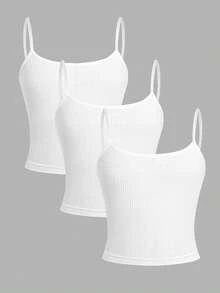 SHEIN Tween-Mädchen Tween-Mädchen Tween-Mädchen 3-teiliges weißes einfaches, grundlegendes, bequemes Camisole-Set, Mädchen Unterwäsche-Set, bequemes gestricktes Baumwoll-Camisole, ganzjährig - Weiss - Übersicht 3