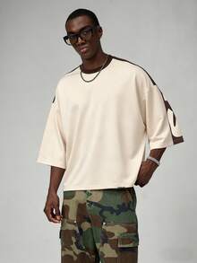 STYNVO Men's Summer Casual Streetwear Color Block Patchwork Letter Print T-Shirt Vacation Holiday Brown - Apricot - View 2