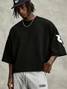 PAVTROS Men's Letter Print Crew Neck Pullover Loose Fit T-Shirt - Black - View 4