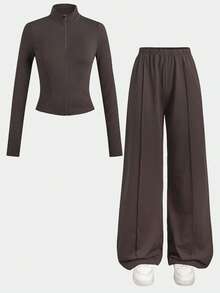 SHEIN Teen Girls Autumn/Winter New Casual Sports Knit Brown Solid Color Stand Collar Slim Fit Jacket & Pants Set - Brown - View 3