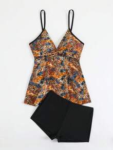 Swim Lushoire Conjunto de tankini de verano para playa con estampado de leopardo y diseño retorcido para mujer, estampado aleatorio - Negro - Ver 5