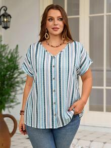Rosumi Plus Size Women's Striped Batwing Short Sleeve Single-Breasted Casual Shirt - Blue - View 10