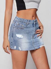 SHEIN EZwear 夏季破洞下摆牛仔迷你裙 - 中等水洗藍 - 查看 4