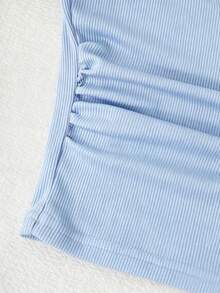 Tween Girls Ribbed Cropped Waist T-Shirt And Pleated Mini Skirt Set - Blue - View 6