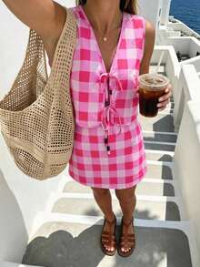 Vivid Eden Women's Plaid Vacation Tie-Up Tank Top And Sweet Skort Two Pieces Set - Hot Pink - View 7