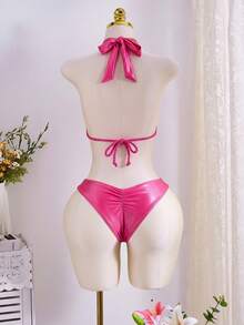 SHEIN Swim 女款兩件式比基尼泳衣套裝，適合海灘與海邊約會，時尚性感優雅浪漫復古風，粗肩帶編繩抓皺設計，咖啡棕大地色系，女款海灘兩件式泳裝 - 玫紅色 - 查看 6