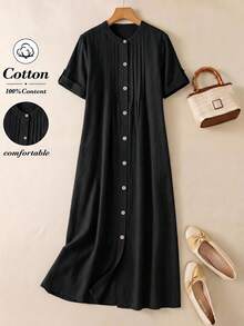 Rusticease Solid Color Round Neck Short Sleeve Front Button Loose Fit Mid-Length Dress For Women Travel Black Summer Casual Vacation - Black - View 3