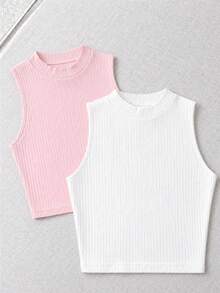 Paquete de camisetas de tirantes de algodón con punto acanalado para mujer, cuello redondo, ajuste ceñido, estilo básico casual. - Rosa - Ver 6