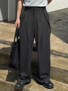 DAZY Black Striped Fabric Pleated Curved Leg Men's Suit Pants - Black - View 3
