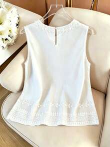 GlowEve Lace Patchwork Sleeveless Round Neck Blouse For Women, Vacation - White - View 2