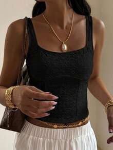 Livesso 女款方領鏤空布料修身休閒背心上衣 夏季 - 黑色 - 查看 4