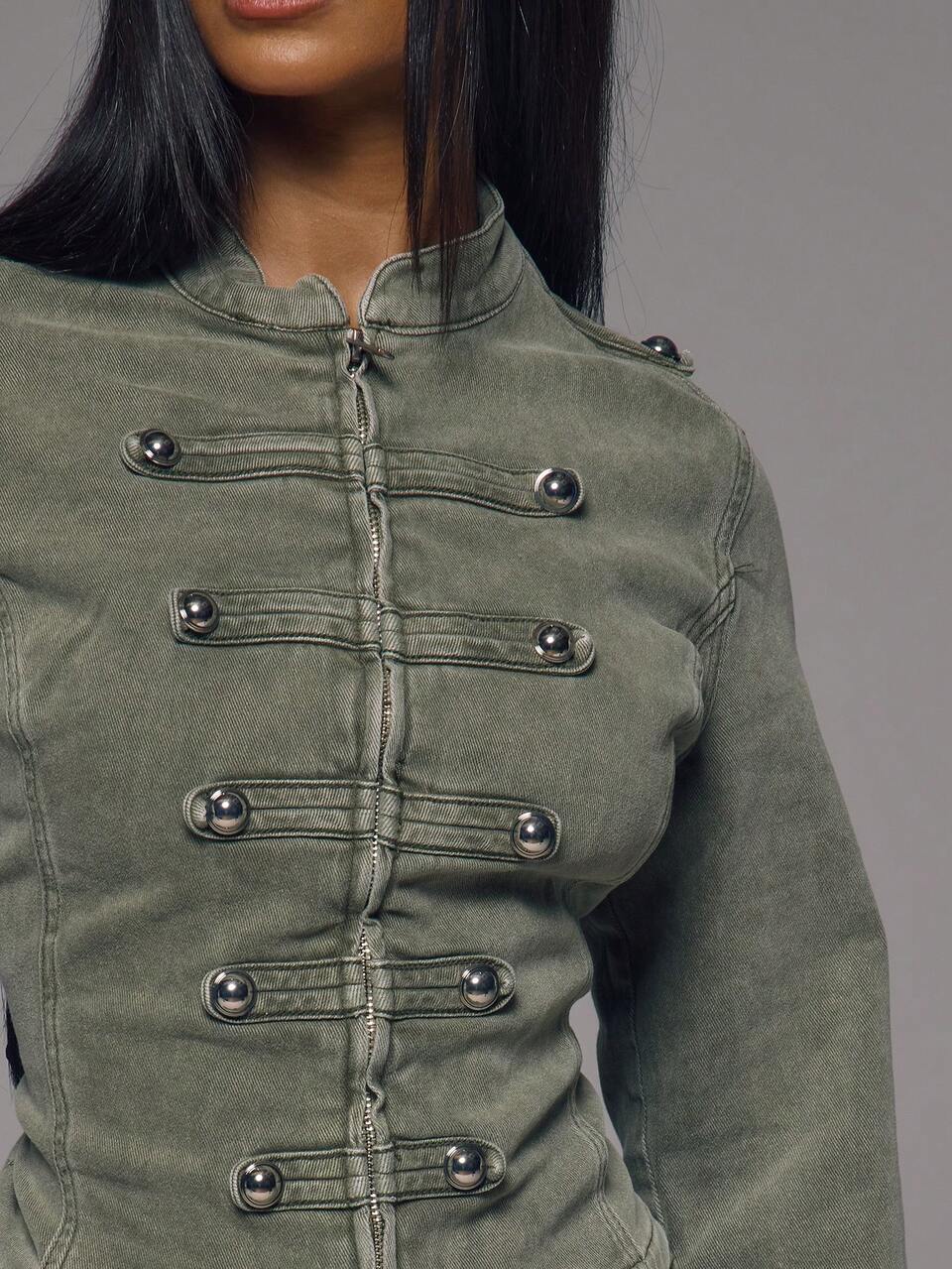 Green Military Studded Detailing Fitted Denim Jacket