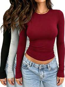 INAWLY Solva Women Solid Color Round Neck Long Sleeve Fitted Casual T-Shirt, Autumn Fall Cloth For Women - Multicolor - View 5