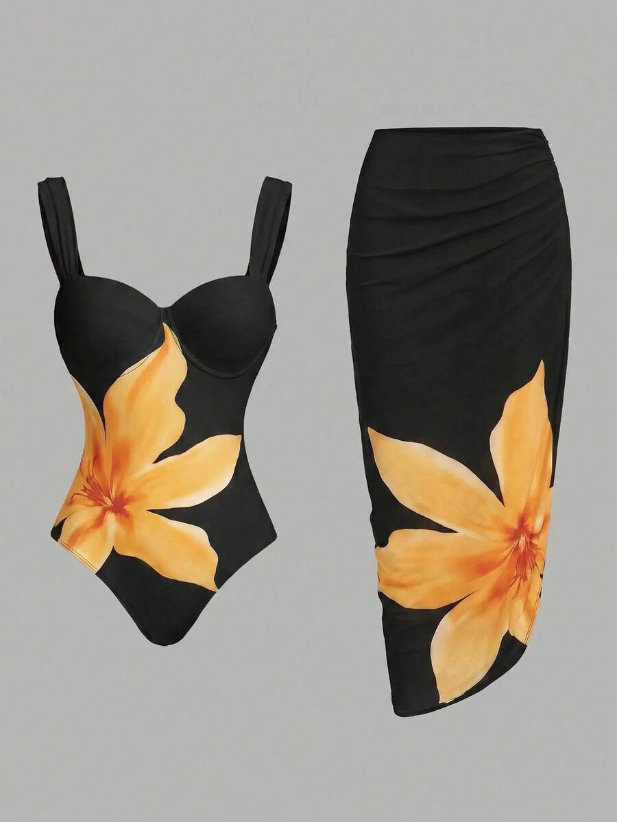 Swim Oasis 女款花卉印花細肩帶連身泳衣附罩裙 - 彩色 - 查看 1