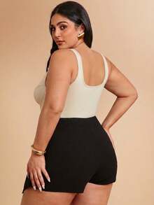 SHEIN BAE Plus Size Women Solid Color Bodycon Fishbone Seam Bustier Bodysuit - Apricot - View 2