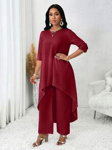 SHEIN Lady 四季夏季女裝酒紅色長袖不對稱兩件套套裝 回歸舞會半正式派對禮服 優雅 - 酒紅色 - 查看 5