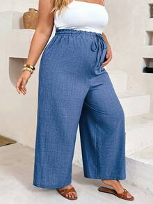 Plussiva Plus-Size Light Blue Casual Drawstring-Waist Trousers For Maternity Wear-Versatile For Everyday Use And Suitable For The Autumn Season Fall Dates - Black - View 5