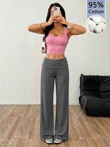 SHEIN EZwear 休閒簡約 95% 棉 深灰色高腰寬腿鬆弛休閒長褲，適合春夏穿著 - 深灰色 - 查看 5