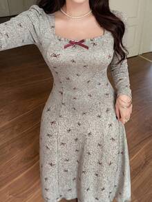 Feyla Plus Size Women's Fashion Bow Decor Square Neck Short Sleeve Dress - Multicolor - View 5