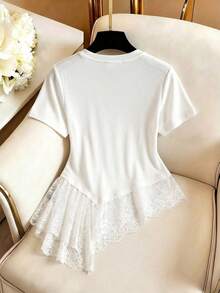 Franclia Sexy Elegant Sheer Summer Casual Snowflake Textured Fabric Lace Trim Short Sleeve Plus Size Women's T-Shirt Top Office Brunch Party Business All White - White - View 2