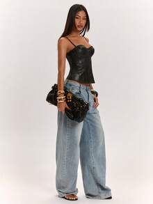 SHEIN BAE 女款 PU 皮革時尚百搭日常穿著細肩帶背心上衣 - 黑色 - 查看 3