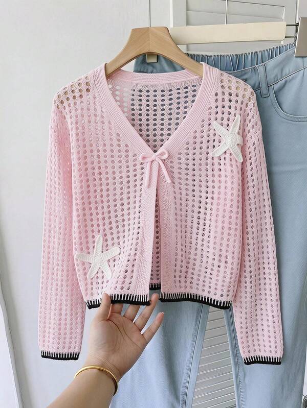 SHEIN كارديجان كاجوال محبوك بلون موحد مع رقعة نجمة البحر للبنات المراهقات، وردي باستيل، لعطلة الشاطئ والخريف