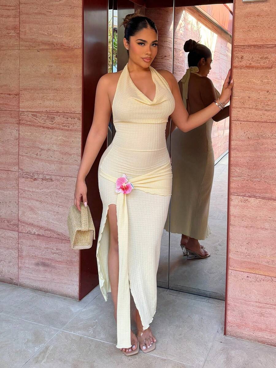 Maria Perezxox Elegant Draped Neck High Slit Textured Fabric Dress Party Summer - Light Yellow - View 1