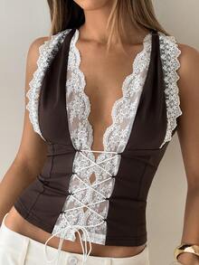 Aloruh Women's Y2K Deep V Sexy Hot Girl Lace Patchwork Sleeveless Slim Fit Pullover T-Shirt With Color Block Lace Patchwork Top - Coffee Brown - View 7