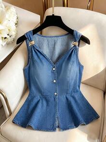 GlowEve Plus-Size Women's Spring/Summer Retro Washed Denim Jacket Vacation Formal Blue Casual Elegant - Medium Wash - View 8