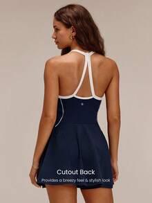 GLOWMODE FeatherFit™-Air RallyGlow UPF50+ Sweat-Wicking Ruched Bust Open Back A-Line Dress With Removable Cups & Shorts Tennis Golf Pickleball Daily Wear - Navy Blue - View 6