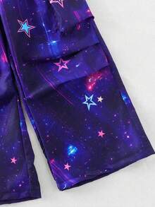 Tween女孩2件套時尚女團風星星字母漸層印花短袖上衣 & 星空漸層印花口袋工裝褲套裝，適合夏季外出穿著 - 彩色 - 查看 5
