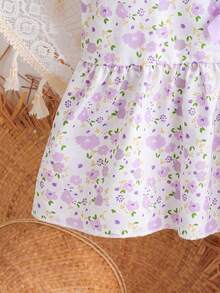 SHEIN Elladie kids 女童新款清新田園風細碎花兩件套，粉色蝴蝶結裝飾無袖背心上衣 + 粉色紋理布料寬腿長褲，甜美可愛時尚日常穿搭，夏季 - 紫色 - 查看 6