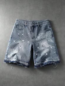 ROMWE MEN Street Life Shorts de mezclilla casuales para hombre con bolsillo y strass - Azul - Ver 1