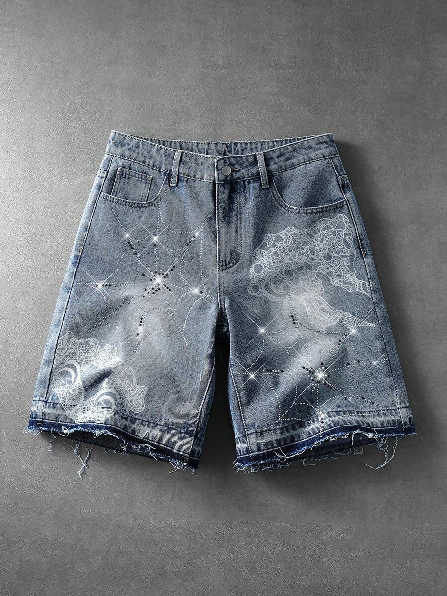 ROMWE MEN Street Life Shorts de mezclilla casuales para hombre con bolsillo y strass - Azul - Ver 1