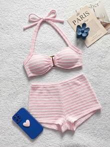 Women's Textured Pink Metal Buckle Colorblock Halter Tie Bikini Top And Shorts Swimwear 2 Pieces Set 4pcs Beach Swim Summer Cute - Pink - View 7