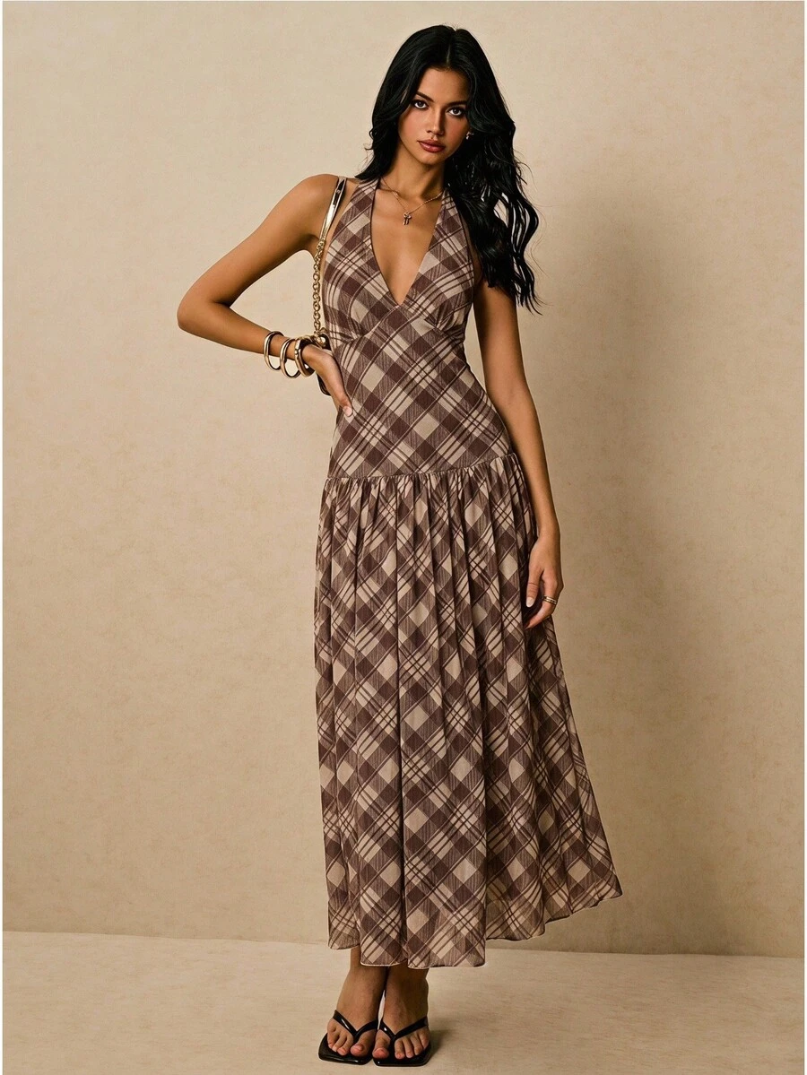 Poéselle Damen kariertes sexy Neckholder-Maxikleid mit tiefem V-Ausschnitt