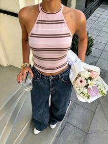 Muchica Women's Casual Y2k Backless Halter Neck Fitted Top, Suitable For Summer Brunch Going Out Pink Stripe - Multicolor - View 3