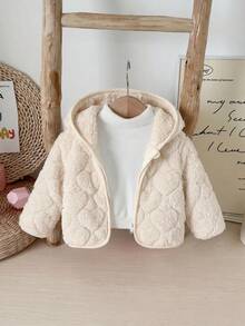 SHEIN Babygirl Cute Casual Fluffy Versatile Solid Color Heart Pattern Hooded Autumn Winter Jacket - Apricot - View 8