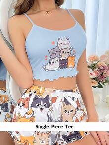 DUSKBASE Top de pijama para mujer con estampado de gato de dibujos animados lindo estilo Y2K - Multicolor - Ver 4