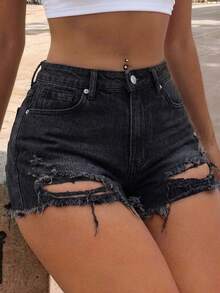 Women Solid Ripped Detailed Denim Shorts - Black - View 1