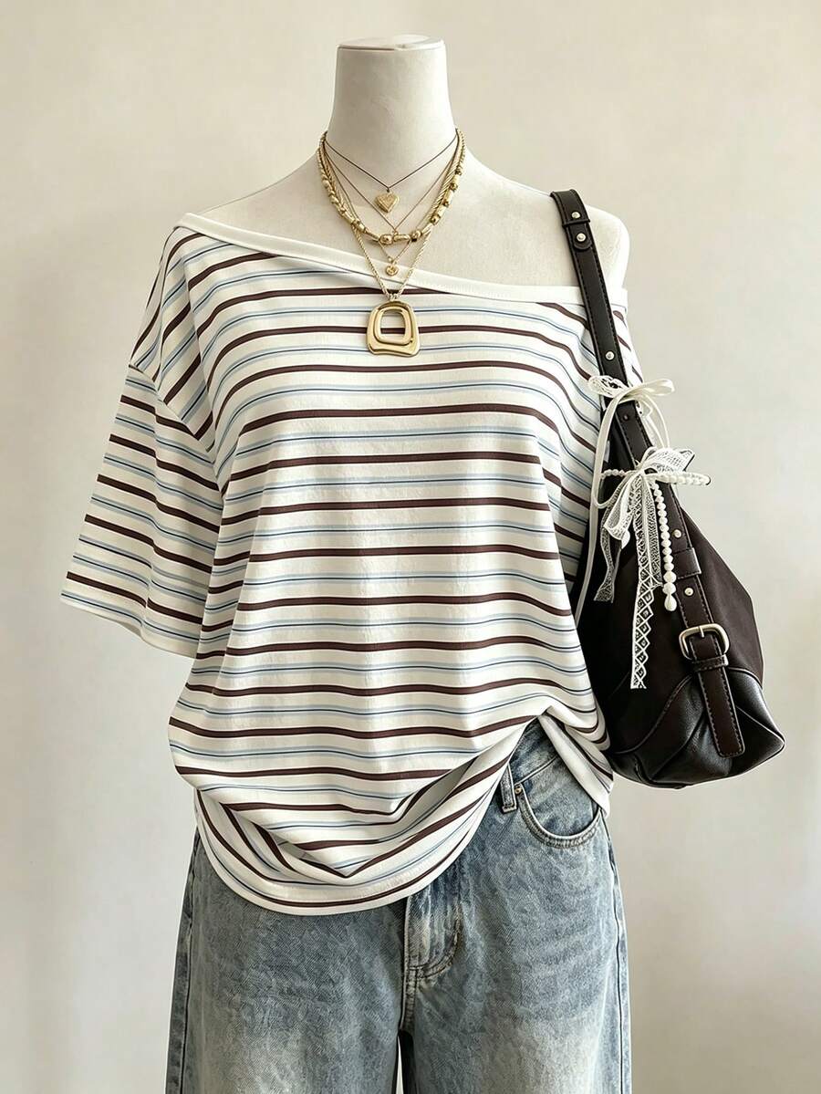Lalippa Kaos Wanita Minimalis Berkerah Bulat Motif Garis Digital, Hadiah untuk Teman - MultiWarna - View 1