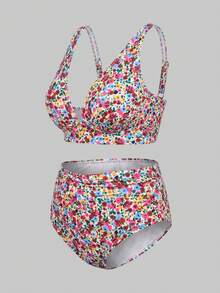 Sweetra CURVE 2026 New Plus Size Women 2pcs/Set Random Print High Waist Ruched Casual Swimwear Set Vacation Beach Summer - Multicolor - View 5