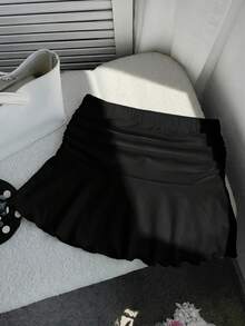 Comfortcana Women's Solid Color Pleated Elastic Waist Casual Ruffle Hem Skirt - Black - View 6