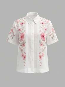 Balvessa Damen Bluse für Frühling/Sommer mit Umlegekragen, einreihig, Spitzen-Patchwork, Blumenmuster, lockere Passform, Kurzarm - Verschiedenfarbig - Übersicht 4