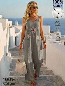 Faunlyn Women's Vacation Casual Floral Embroidered Spaghetti Strap Jumpsuit - Multicolor - View 11