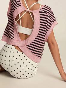 SHEIN BAE Women's Summer Casual Striped Patchwork Backless Batwing Sleeve Sports T-Shirt - Multicolor - View 6