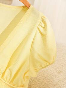 Story & Sage Casual Vacation Women's Blouse, Spring/Summer Fitted Lace Patchwork Tie Bow Short Sleeve Shirt In Pale Yellow - Pale Yellow - View 6
